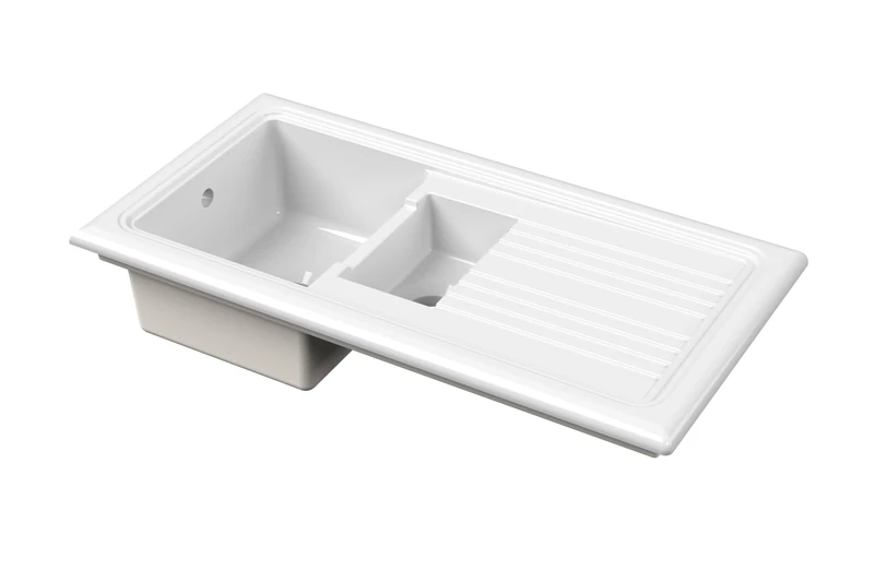 nuie CT115T1000 Fireclay Kitchen Countertop 1.5 Bowl Sink with Drain Area, 1010mm x 525mm, White
