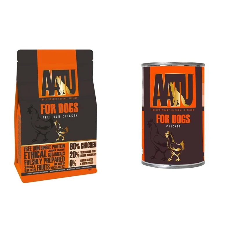 AATU 80/20 Dry Dog Food, Chicken, High Protein, Grain Free Recipe, 5 kg & 90/10 Wet Dog Food in a Tin, Chicken, No Artificial Ingredients, Good for Low Maintenance Feeding (6 x 400 g)
