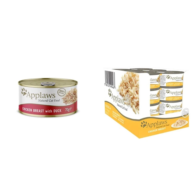 Applaws 100% Natural Wet Cat Food, Chicken with Duck Can, 70g (Pack of 24) & 100% Natural Wet Cat Food, Chicken Breast in Broth 70 g Tin, 24 x 70 g Tins