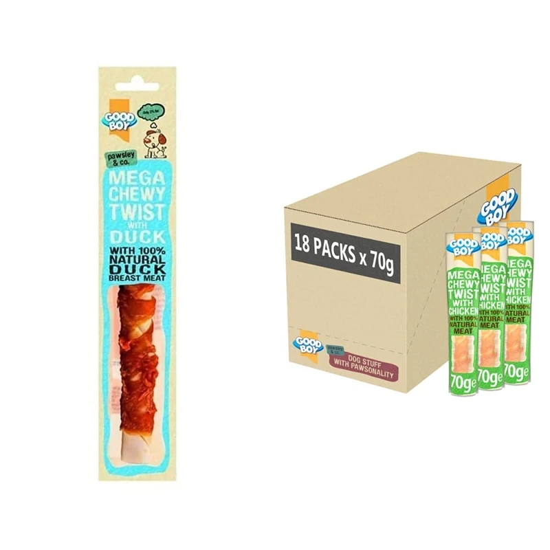 Good Boy - Mega Chewy Twist With Duck - Dog Treats - 70 Grams ℮ - Low Fat Dog Treats - Case of 18 & Mega Chewy Twist With Chicken - Made With 100% Natural Chicken Breast Meat - 70 Grams - Case of 18