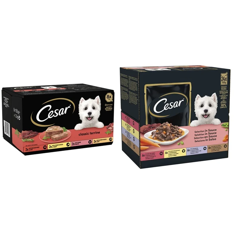 Cesar Classic Terrine Wet Dog Food, Mixed Selection in Jelly, Pack of 3 & Pouch Selection in Sauce, Fresh Adult Wet Dog Food Pouches in Delicious Sauce with Succulent Meats and Vegetables, Pack of 2