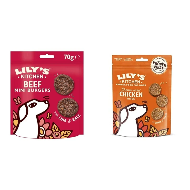 Lily's Kitchen The Best Ever Beef Mini Burgers - Natural Dog Treats (8 x 70g) & Chomp-Away Chicken Bites - Natural Dog Treats (8 x 70g)
