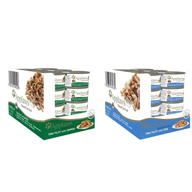 Applaws 100% Natural Cat Food, Tuna Fillet and Seaweed, 70 g Tin (Pack of 24) & 100% Natural Wet Cat Food, Tuna with Crab, 70g (Pack of 24)