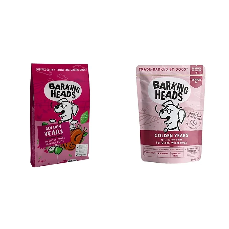Barking Heads Dry Dog Food for Senior Dogs - Golden Years, 12 kg & Wet Dog Food for Senior Dogs, Golden Years, Free-Run Chicken and Salmon, No Artificial Flavours (10 x 300 g)