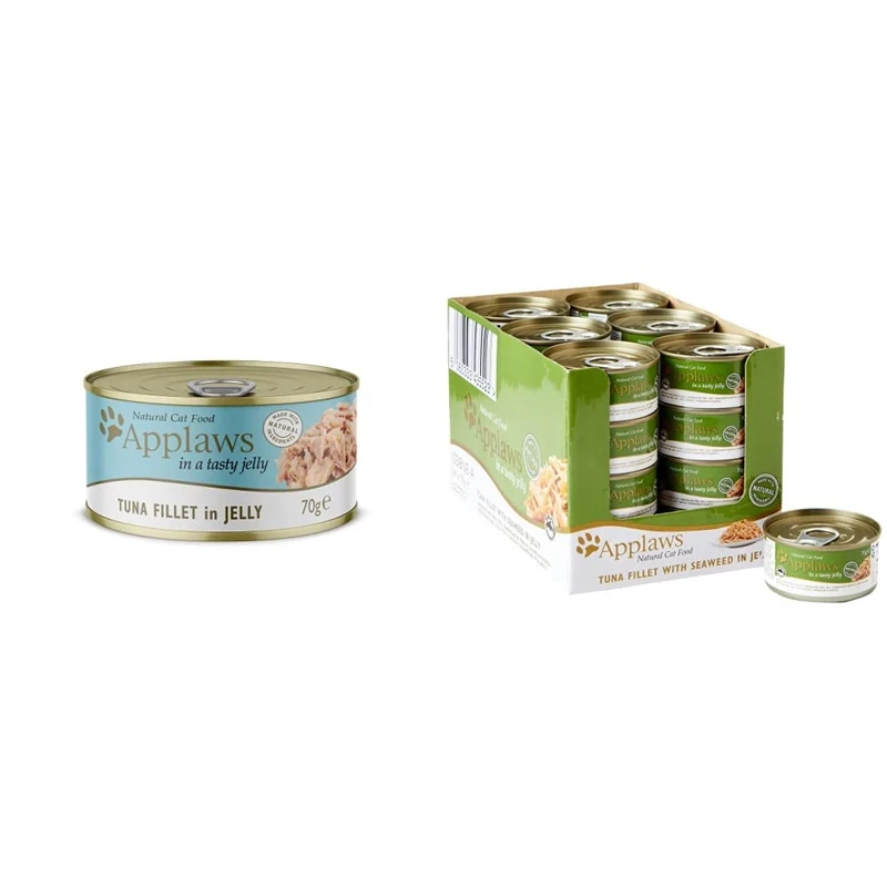 Applaws Natural Wet Adult Cat Food, Tuna Fillet in Jelly 70g Tin (Pack of 24) & 100% Natural Wet Cat Food, Tuna Fillet with Seaweed in Broth (Pack of 24 x 70g Tins)