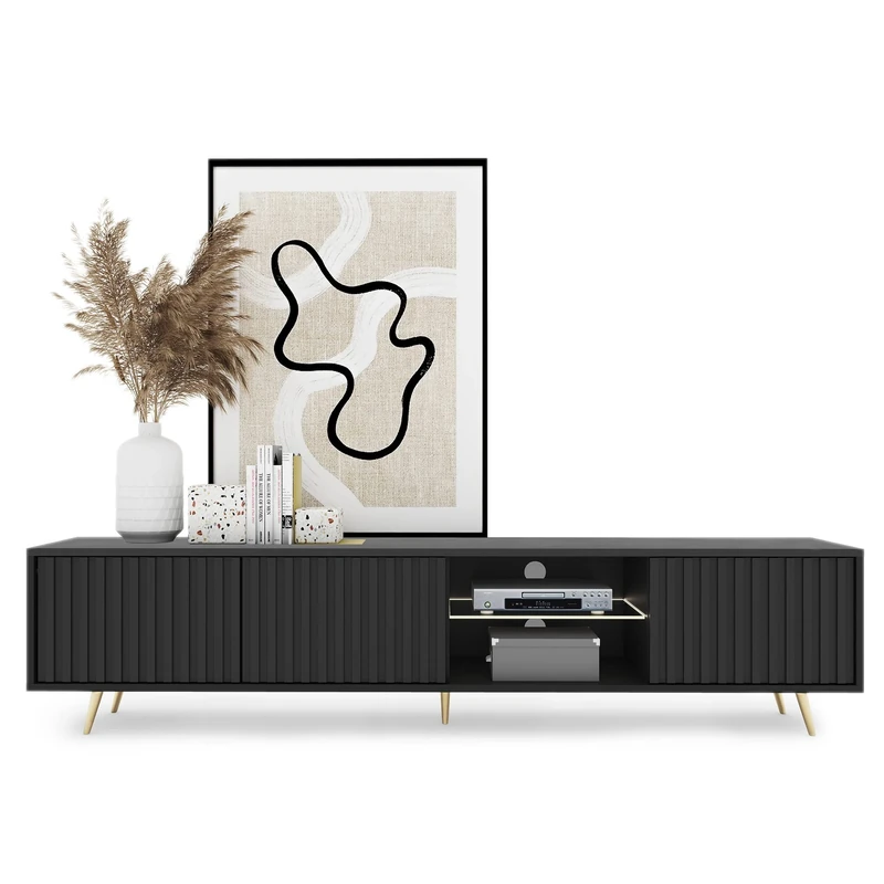 SELSEY Bello Wooden TV Cabinet with Slatted MDF Fronts 175 x 43 x 31 cm, Black TV Unit with Glass Shelf & LED Lighting, Gold Legs, for TVs up to 75", Sleek TV Stand with Hidden Storage