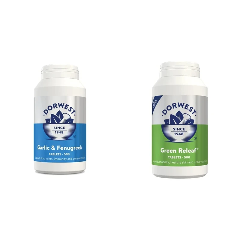 DORWEST HERBS Garlic and Fenugreek Tablets for Dogs and Cats 500 Tablets, White (14DOR006) & Dorwest Green Releaf Tablets, 500 Tablets, Natural Supplements for Dogs and Cats