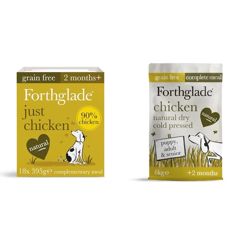 Forthglade Complementary Natural Wet Dog Food - Grain Free Just Chicken (18 x 395g) Trays & Complete Natural Dry Dog Food - Grain Free Chicken (6kg) Resealable Bag