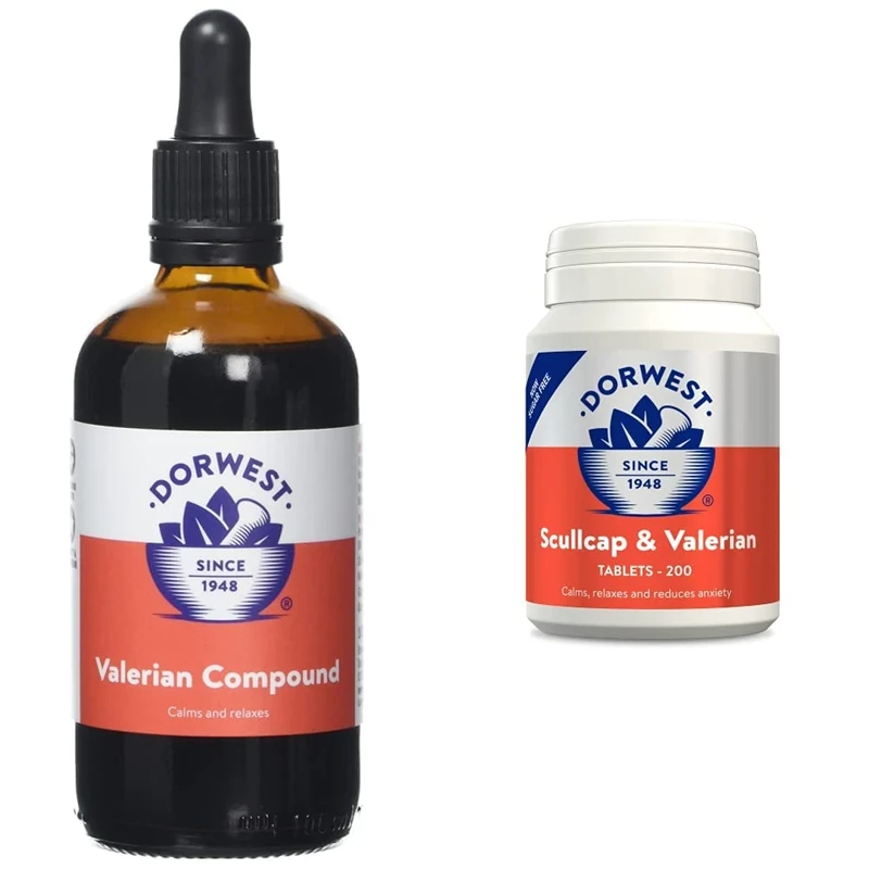 Dorwest Valerian Compound for Dogs and Cats, 100ml & Scullcap & Valerian Calming Tablets for Dogs and Cats, 200 Tablets, Non-Drowsy, Light Yellow Tablet, 14DOR017