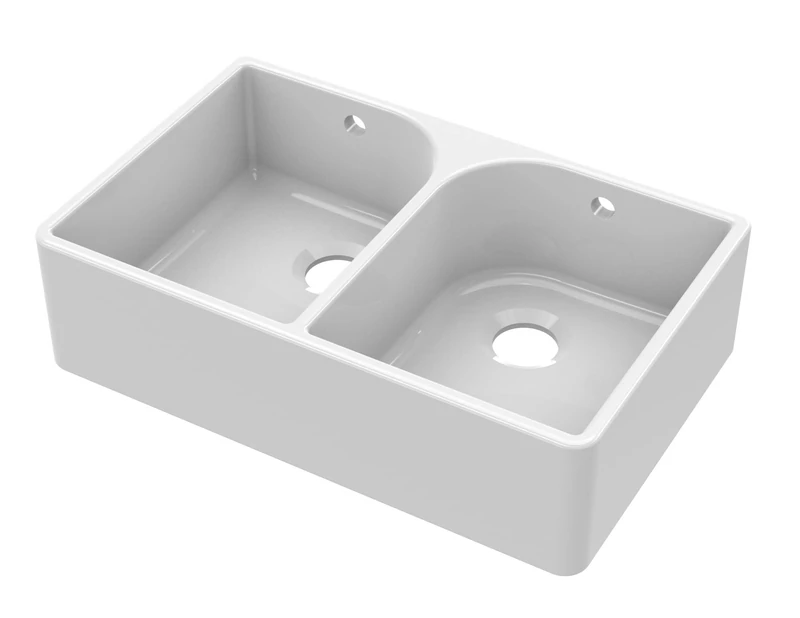 nuie BU121AF32D Fireclay Kitchen Double Bowl Butler Sink Full Weir with Overflow, 795mm x 500mm, White - Image 1