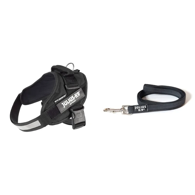 Julius-K9, 16IDC-P-0, IDC Powerharness, dog harness, Size: 0, Black & 216GM-S1 Color and Gray Super-Grip Leash with Handle, 20 mm x 1 m, Black-Gray