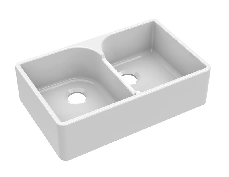 nuie BU120AS32D Fireclay Kitchen Double Bowl Butler Sink Stepped Weir, 795mm x 500mm, White