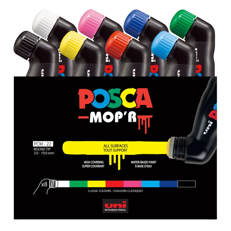 Posca MOP’R PCM-22 Water Based Permanent Paint Markers. Round Tip for Art & Crafts. Multi Surface Use On Wood Metal Paper Canvas Cardboard Glass Fabric Ceramic Rock Stone Pebble Porcelain. Box of 8
