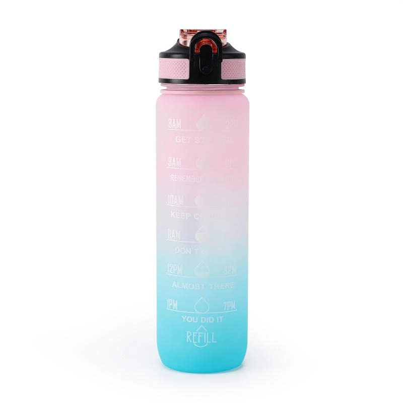 Sports Bottle 1L Plastic BPA Free With Strew and Time Marking, Leak-Proof Bottle Water (Pink & Blue)
