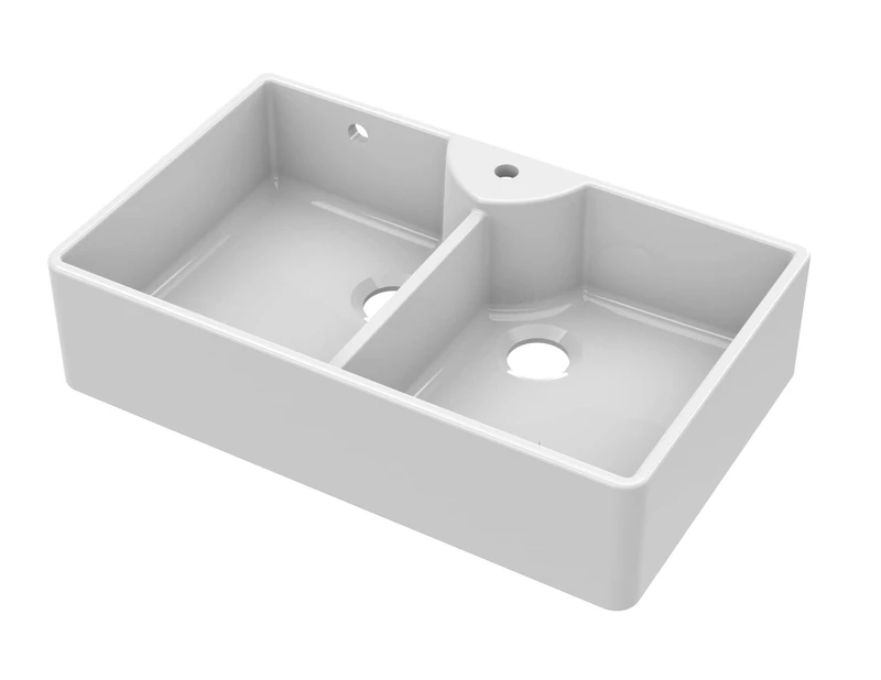 nuie BU131AS36D Fireclay Kitchen Double Bowl Butler Sink Stepped Weir with Overflow & Drilled Tap Ledge, 895mm x 550mm, White