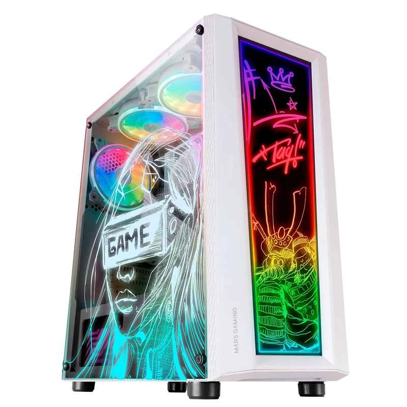 Mars Gaming MC-ART White, ATX Gaming PC Case, Double Tempered Glass Drawable, ARGB 12 Modes, 12cm Fan