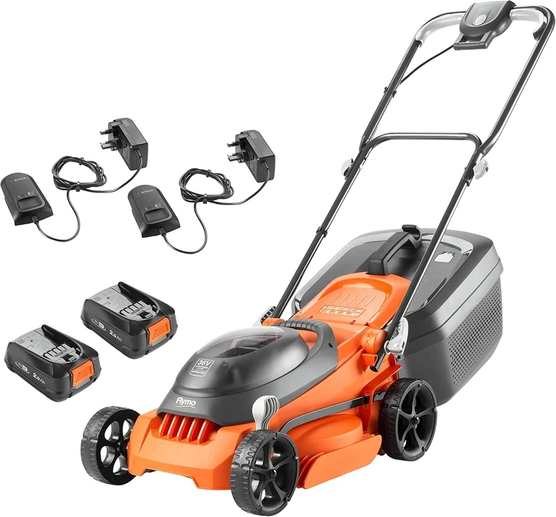 Flymo 36V EasiStore 340R Cordless Lawnmower Kit – x2 18V Power For All Battery and Charger included, 34cm Cutting Width, Striped Lawn Finish, Close Edge Cutting, 35L Grass Box, Lightweight