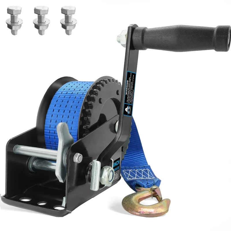 AKRIXKIP Boat Trailer Winch 1600lbs Hand Winch with 26ft Blue Winch Strap, 4:1 Gear Portable Winch with Hook, 2 Way Ratchet Manual Winch for Jet Ski Boat Towing Pulley Drag Winch