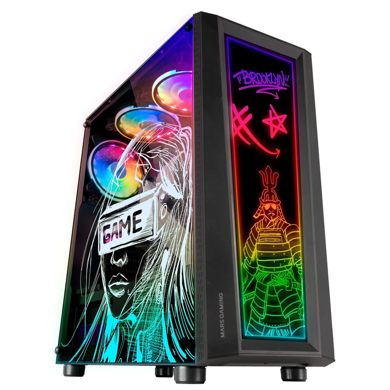 Mars Gaming MC-ART Black, ATX Gaming PC Case, Double Tempered Glass Drawable, ARGB 12 Modes, 12cm Fan