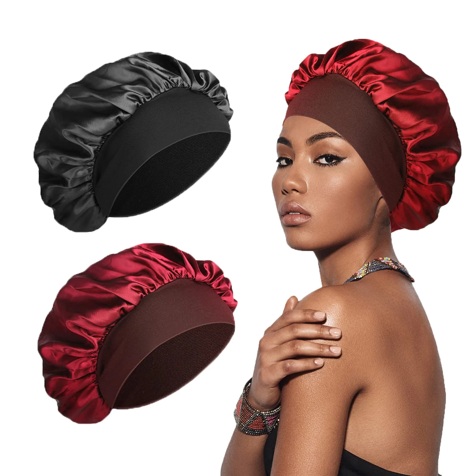 SWEET VIEW Silk Bonnet, Silk Hair Wrap for Sleeping, Soft and Comfortable Satin Sleep Cap Black, Red