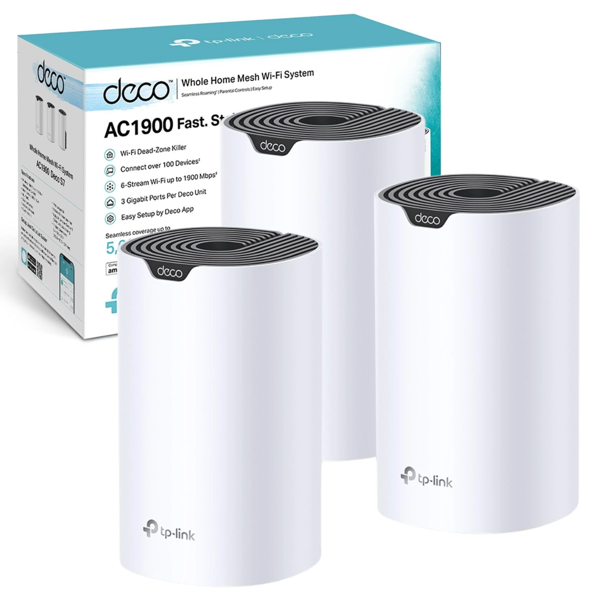 TP-Link Deco S7(3-pack) AC1900Mbps Whole Mesh WiFi System, Dual-Band WiFi Booster with Gigabit Ports, Coverage up to 5,600 ft2, Connect 150 devices, 1.2 GHz CPU, Work Amazon Alexa, Parental Controls
