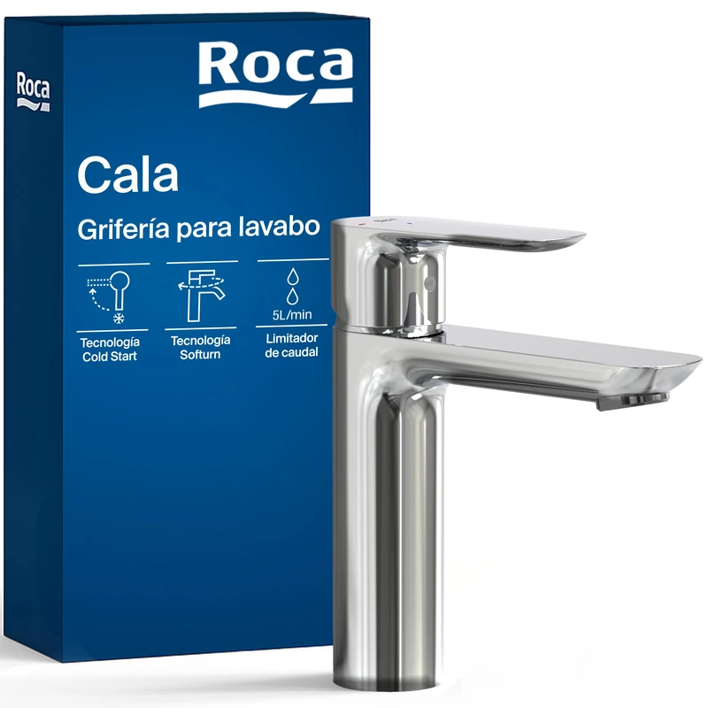 Roca Cala Cold Start Basin Mixer Tap with Cold Start Technology, Single Lever Sink Faucet with Flexible Power Links, Easy Installation Bathroom Mixer, Chrome, A5A326EC00