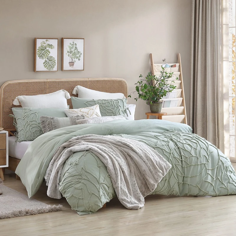 Peri Home 100% Cotton 3-Piece Sage Comforter and Sham Set, Green Chenille Rose, King