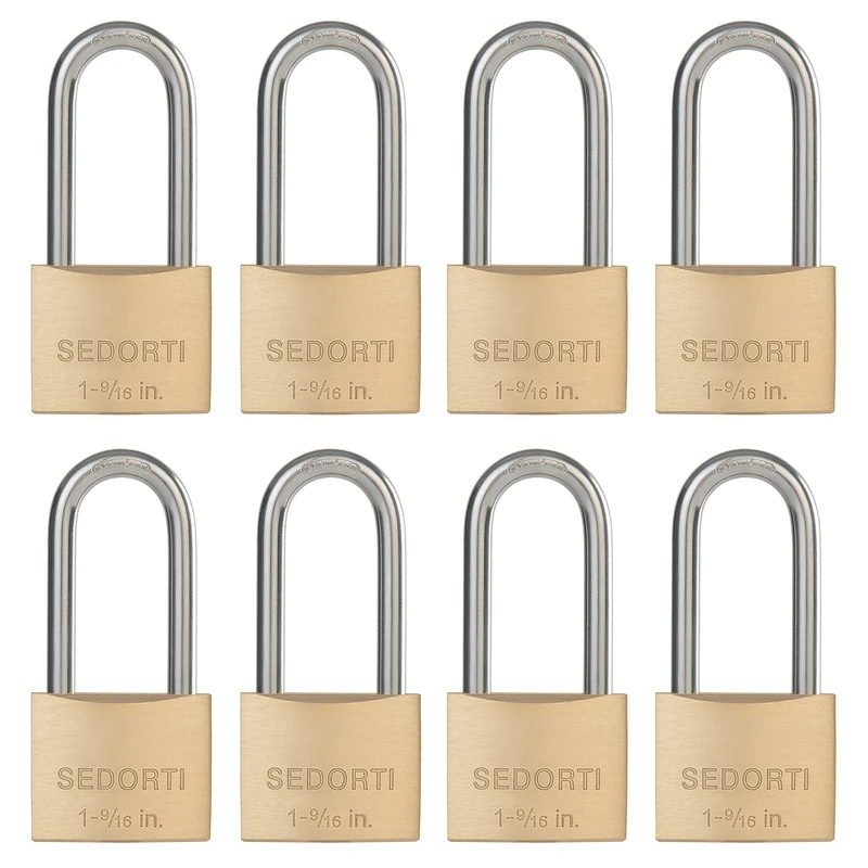 SEDORTI Weatherproof Padlock with Stainless Steel 304 Long Shackle and Solid Brass Body, 1-9/16 in. Wide, 8 Padlocks Keyed Alike, Marine Grade Rustproof Lock for Outdoors Use YNBSP840