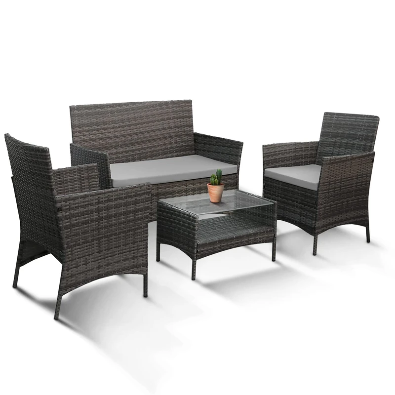 KEPLIN Brown 4pc Rattan Garden Furniture Set | Double Seated Lounger sofa, 2 Chairs and 1 Coffee Table | Comfortable Outdoor Wicker Dining Set for Lawn, Patio, Conservatory Ideal for Dining outside