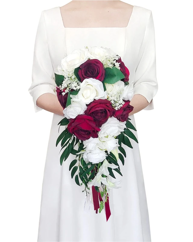 Ciandid Cascading Bridal Bouquet, White & Burgundy Roses with Ribbons Artificial Wedding Bouquet for Bride Waterfall Flowers for Wedding Ceremony Anniversary Bunch Decorations
