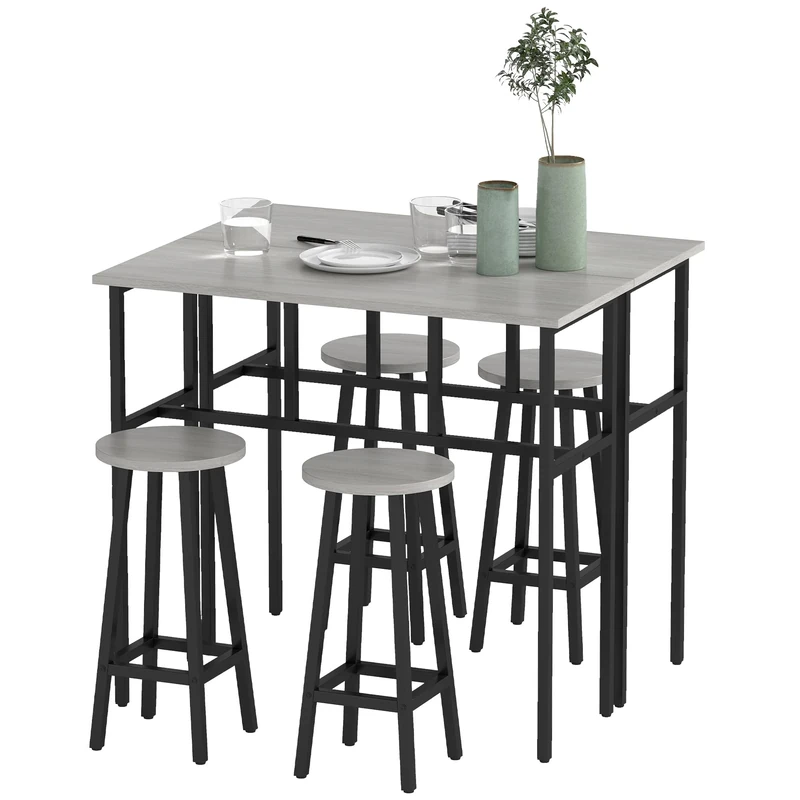 HOMCOM 6-Piece Bar Table Set, Counter Height Kitchen Dining Set with 2 High Tables & 4 Stools, Space Saving Compact Bar Furniture for Small Kitchens and Flats, Multiple Arrangements, Grey