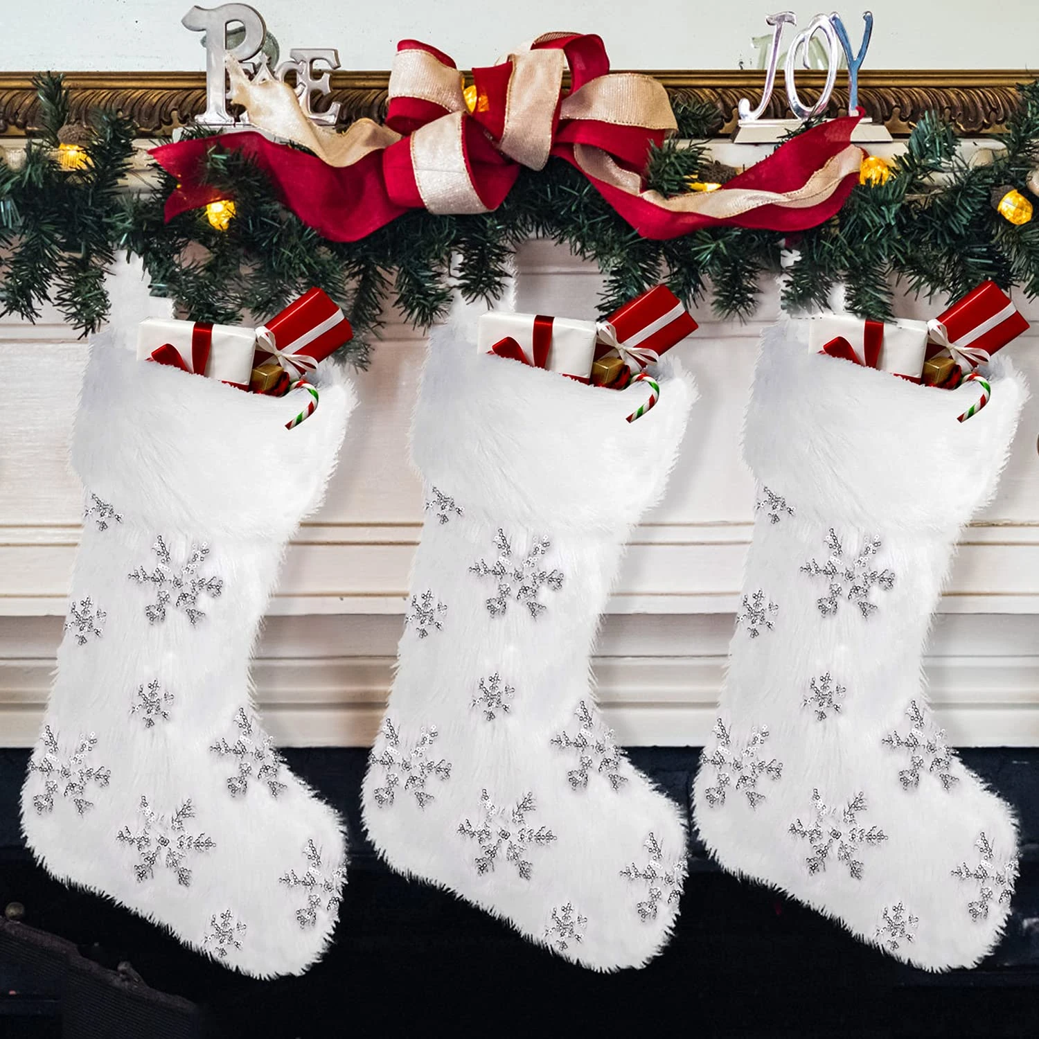 DTYDECL 3 Pack Christmas Stockings, White Faux Fur Large Plush Hanging Glitter Snowflake Xmas Stockings Name Tags for Christmas Fireplace Personalized Decorations Socks