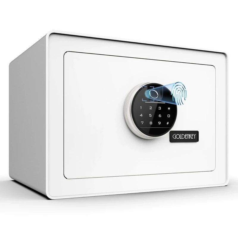 GOLDENKEY Digital Security Safe and Lock Box,Small Safe box for Money, Fingerprint Lock,Perfect for Home Office Hotel Business Jewelry Gun Use Storage,0.5 Cubic Feet,White
