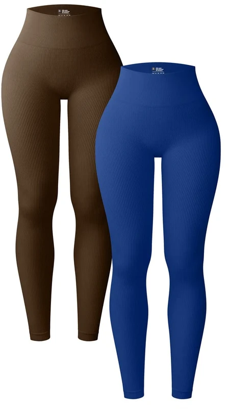 OQQ Women's 2 Piece Yoga Leggings Ribbed Seamless Workout High Waist Athletic Pants, Coffee Darkblue, S