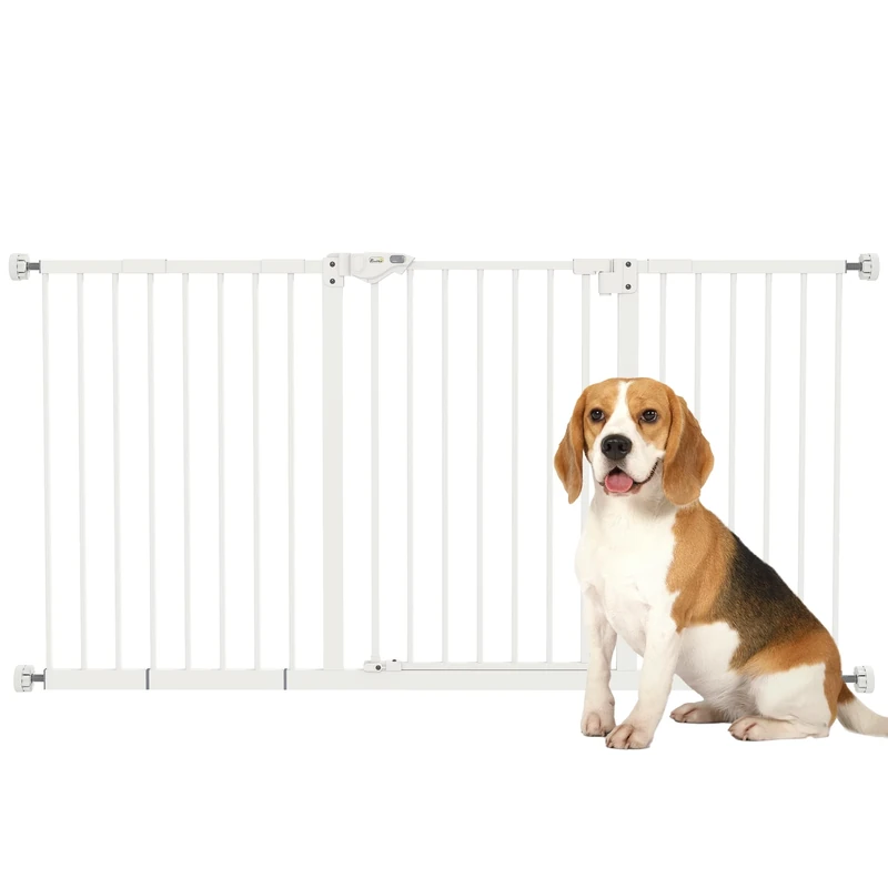 PawHut Dog Gate Stair Gate Pressure Fit Pets Barrier Auto Close for Doorway Hallway, 74-148cm Wide Adjustable, White
