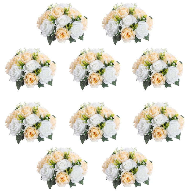 QUTUNI 10Pcs Artificial Flower Ball Arrangement, 15 Flower Heads Wedding Roses Bouquet with Base Suitable for Parties Valentine's Day Wedding Centerpieces and Home Decor (Champagne & White)