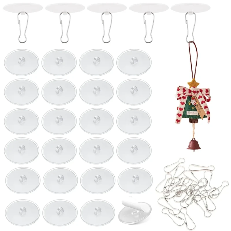 JKDHJK Self-Adhesive Ceiling Hooks - 30 Pcs Transparent Hooks with Flag Clips and Eyelet, No Drill, Damage-Free, Removable for Kitchen, Bathroom, Door, Christmas Decorations