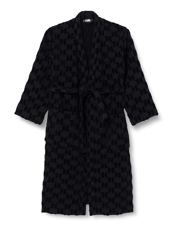 KARL LAGERFELD Men's Monogram Bathrobe, Black, Small