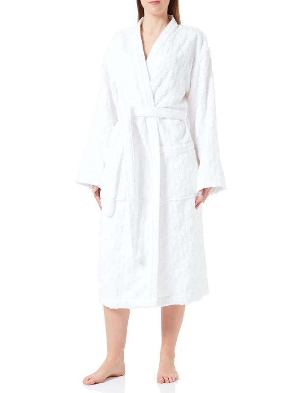 KARL LAGERFELD Women's Monogram Bathrobe, White, X-Small