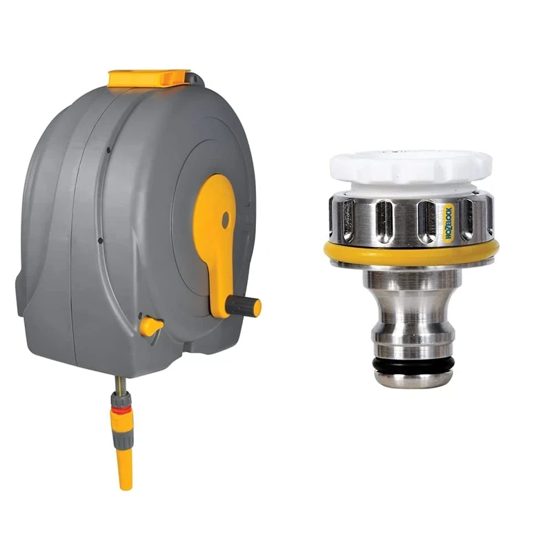 Hozelock Ltd 2496R0000 Wall Mounted Fast Reel with 40m Hose, Multicolor & Hozelock Metal Threaded Connector Pro 3/4 inch for Taps