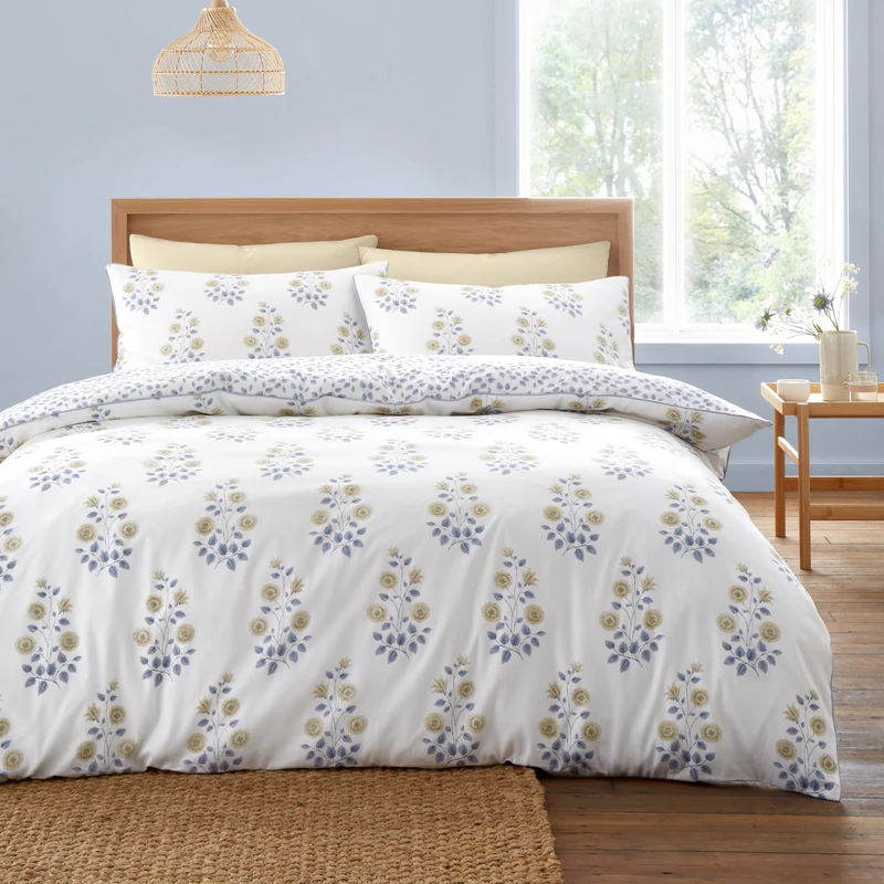 Bianca Eloise Floral 230 Thread Count Cotton Satin Stripe Reversible Super King Duvet Cover Set with Pillowcases White Blue
