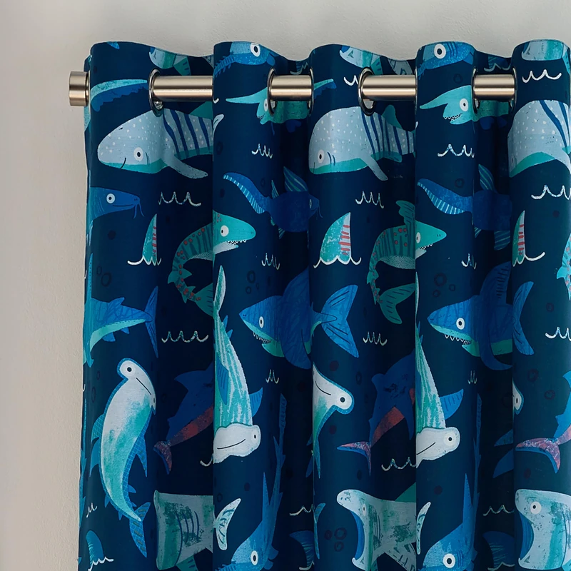 Catherine Lansfield Kids Jawsome Shark Fully Reversible 66x72 Eyelet Curtain Two Panels Navy Blue