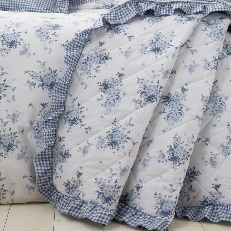 Catherine Lansfield Lucie Floral Frill Fully Reversible 220x230cm Bedspread White Blue