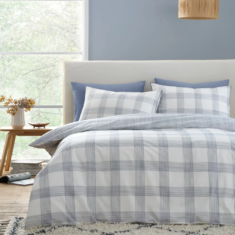 Bianca Marlow Check 200 Thread Count Cotton Percale Reversible King Duvet Cover Set with Pillowcases Blue
