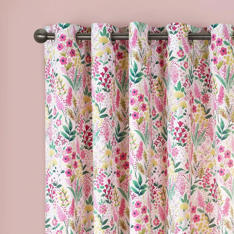 Catherine Lansfield Tilly Floral Fully Reversible 66x90 Inch Eyelet Curtains Two Panels Pink