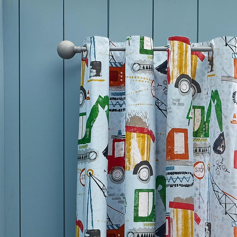 Catherine Lansfield Kids Digger Dreams Fully Reversible 66x72 Inch Eyelet Curtains Two Panels Blue - Image 1