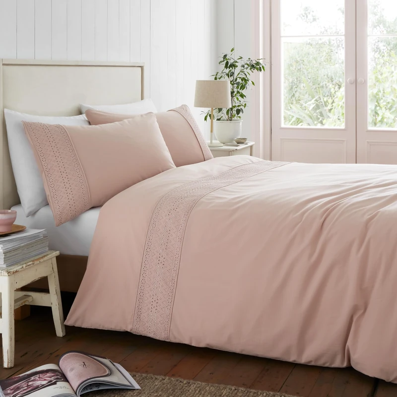 Catherine Lansfield Broderie Anglaise Super King Duvet Cover Set with Pillowcases Blush Pink