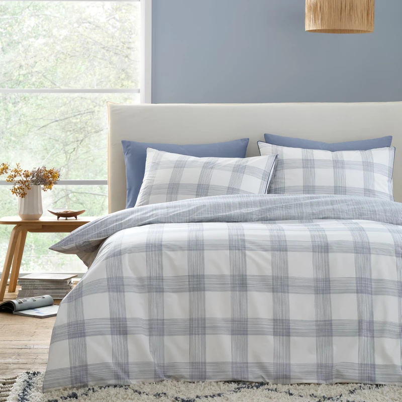 Bianca Marlow Check 200 Thread Count Cotton Percale Reversible Super King Duvet Cover Set with Pillowcases Blue