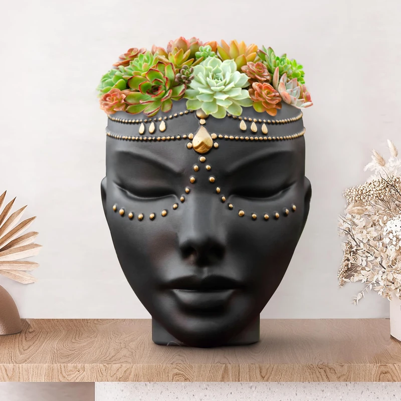 Bossa Linda Head Planter for Flat Surface & Wall Pot Heads for Plants with Wall Hook and Drainage | Unique Tabletop Face Planter Pots for Indoor and Outdoor Use - Serena Design, Black