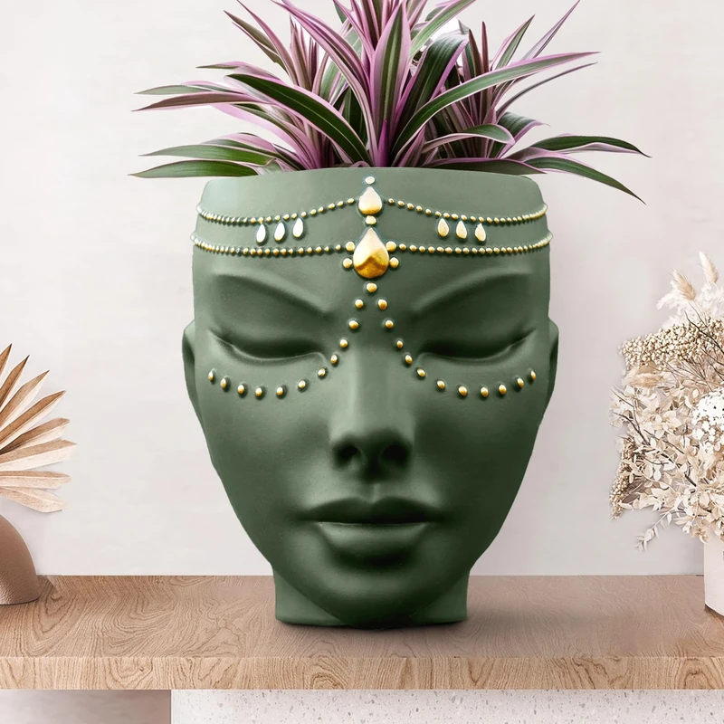 Bossa Linda Head Planter - Indoor & Outdoor Home Decor Gifts for Plant Lovers - for Flat Surface or Wall Mount - Unique Face Planter for Flowers, Succulents, & More (7 inch, Serena Design, Green)